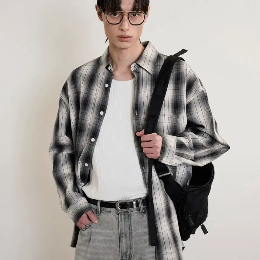 [BUNJANG] TNGT 25SS Ombre Check Oversized Shirt Grey / TNGT / 2SS 오버사이즈 옴브레 체크셔츠 그레이 / 110