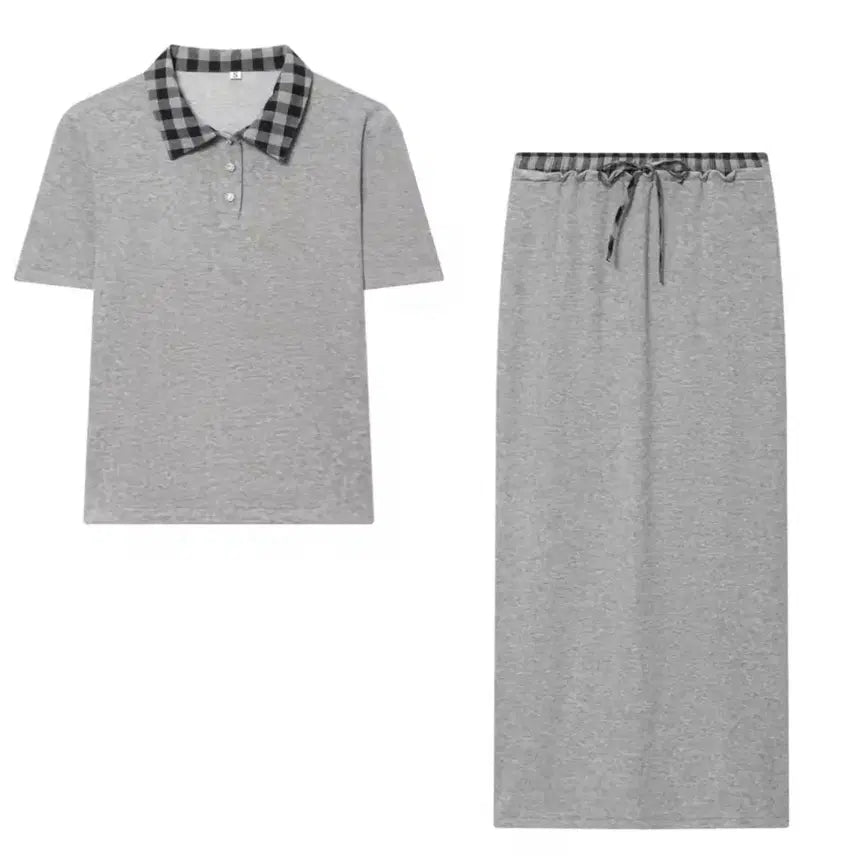 [BUNJANG] Gray Check Collar Short Sleeve Long Skirt Two-Piece Set / 그레이 체크 카라 반팔 롱스커트 투피스 세트