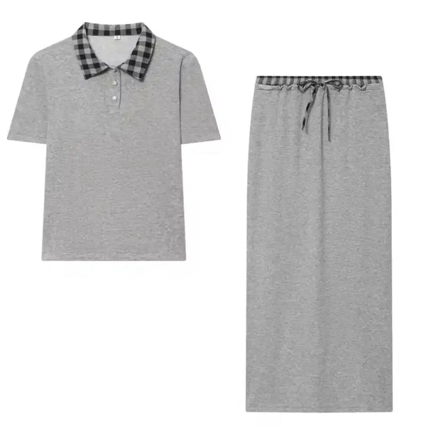 [BUNJANG] Gray Check Collar Short Sleeve Long Skirt Two-Piece Set / 그레이 체크 카라 반팔 롱스커트 투피스 세트