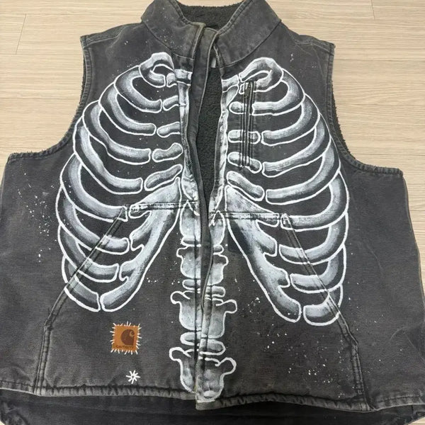 [BUNJANG] Carhartt Skeleton Print Denim Vest - Size L / 칼하트 스켈레톤 프린팅 데님 베스트 L사이즈