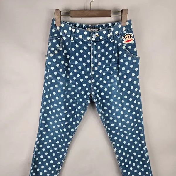[BUNJANG] Frank Paris Women's Spandex Dot Pinched Baggy 7/8 Length Denim Pants / 폴프랭크 여성 스판 도트 핀턱 배기 7부 데님 팬츠 청바지 카프리 바지