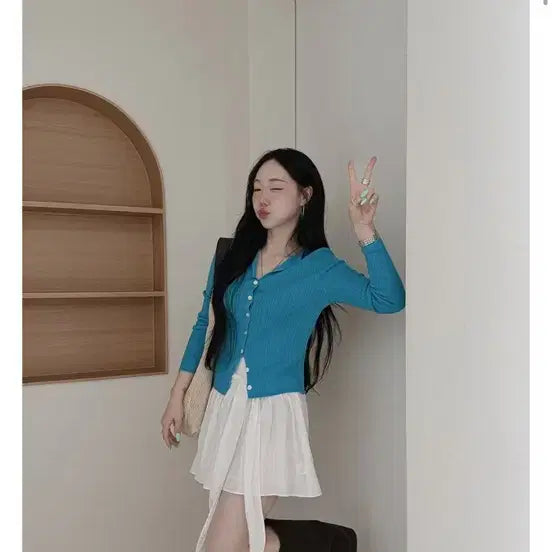 [BUNJANG] Sky Blue Knit Cardigan with White Skirt Set / 스카이블루가디건 화이트스커트