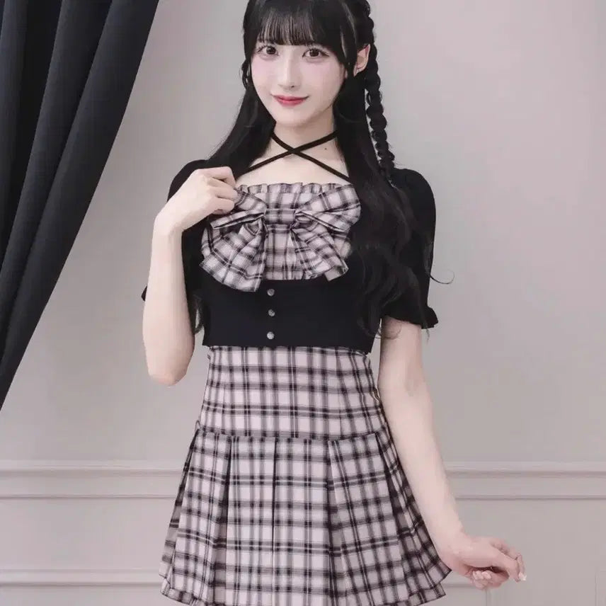 [BUNJANG] Pium Knit Front Ribbon Dress Short Sleeve Set-up Pink / pium 피움 니트 프론트 리본 원피스 반팔 셋업 핑크 양산형 지뢰계 스나계 일브 일녀룩