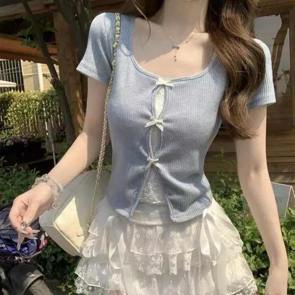 [BUNJANG] Ribbon Balletcore Lace Short Sleeve T-shirt / 에이블리 리본 발레코어 레이스 반팔티셔츠