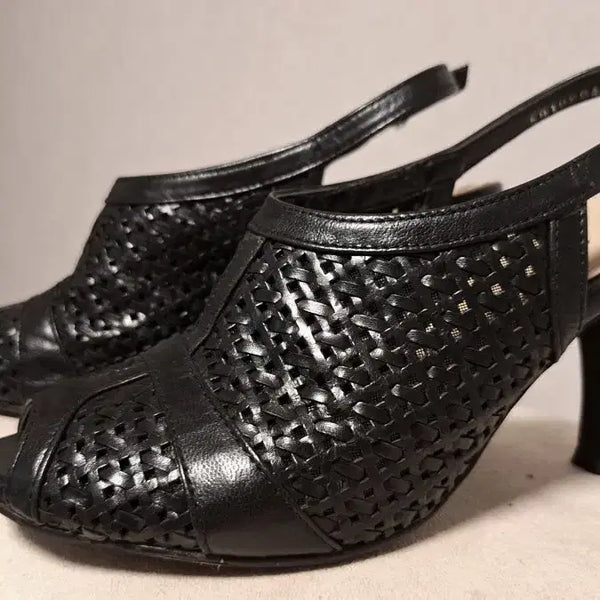 [BUNJANG] SAERA Woven Open-Toe Slingback Sandals (Black) / 세라 (SAERA) 위빙 블랙 샌들 230