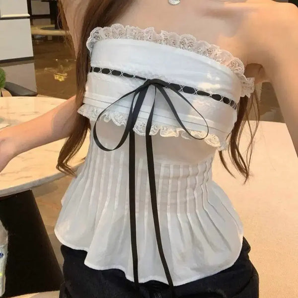 [BUNJANG] Ribbon Lace Frill Tube Top Blouse / 에이블리 리본 레이스 프릴 튜브탑 나시 블라우스