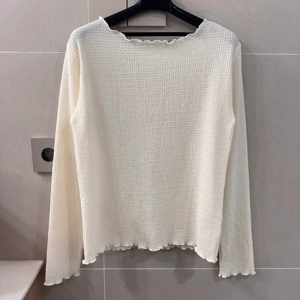 [BUNJANG] Ivory Boat Neck Waffle Long Sleeve Top / 아이보리 보트넥 와플 긴팔탑