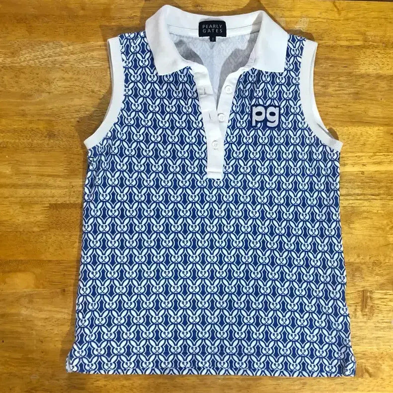 [BUNJANG] PEARLY GATES Sleeveless Polo T-shirt Blue Rabbit Pattern / 파리게이츠 골프웨어 민소매 카라티 블루 토끼 패턴