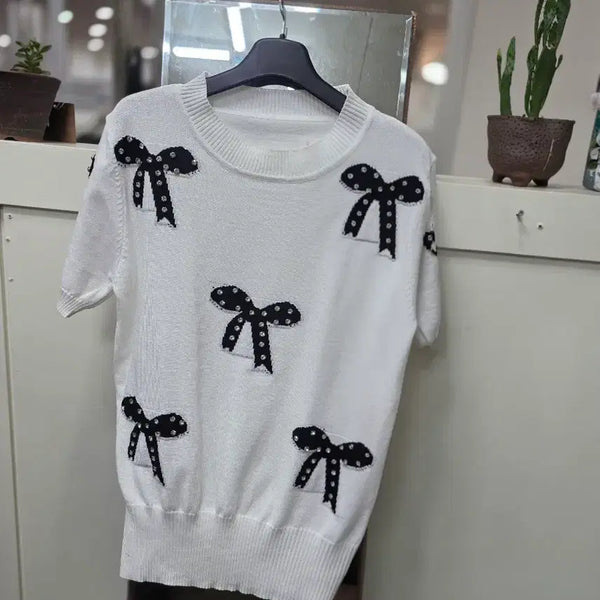 [BUNJANG] Ribbon Detail Short Sleeve Knit Top - White / 리본 니트 반팔 흰색