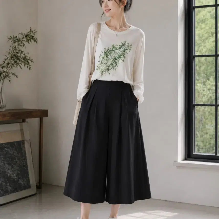 [BUNJANG] Black Pin Tuck Wide Culottes 8-part Pants / 34~35/블랙 핀턱 와이드 쿨로트 8부 팬츠