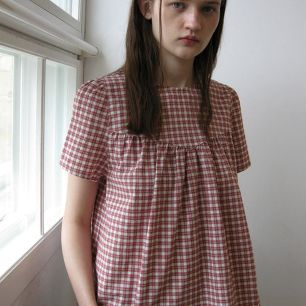 [BUNJANG] Nats Check Shirring Half Blouse / 나츠 체크 블라우스(새제품