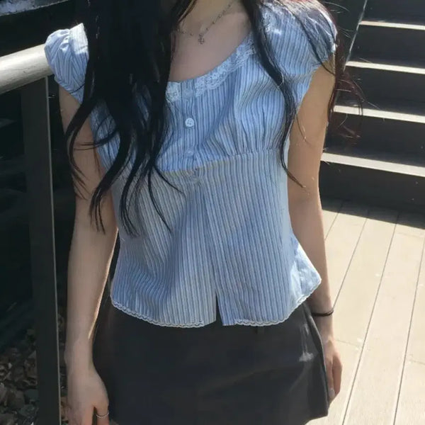 [BUNJANG] Ubion Stripe Puff Short Sleeve Blouse / 스트라이프 퍼프 반팔 블라우스 유비온 에이블리