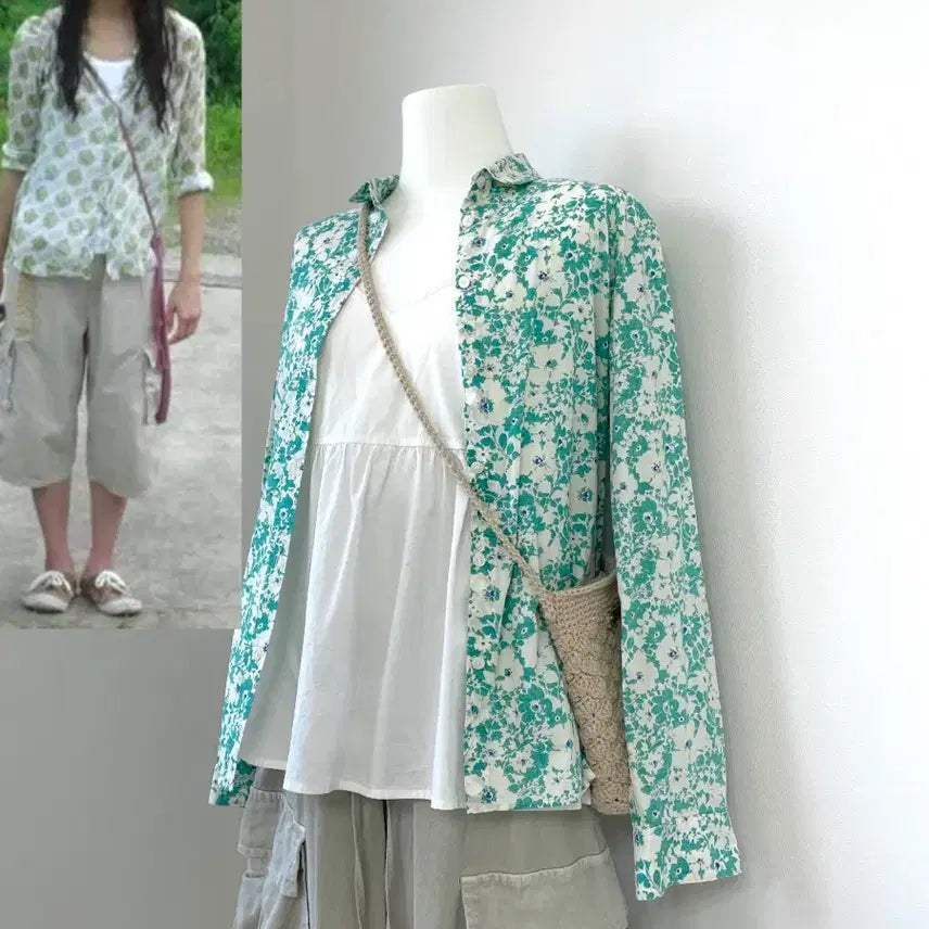 [BUNJANG] Aoi Yuu "Suzuko Look" Green Pattern Vintage Blouse / 백만엔걸스즈코룩 빈티지블라우스 아오이유우셔츠 스즈코코디 모리걸룩 카모메산장 마루빈티지 카메빈티지 모리노가토