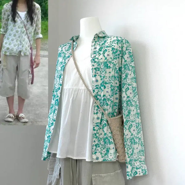 [BUNJANG] Aoi Yuu "Suzuko Look" Green Pattern Vintage Blouse / 백만엔걸스즈코룩 빈티지블라우스 아오이유우셔츠 스즈코코디 모리걸룩 카모메산장 마루빈티지 카메빈티지 모리노가토
