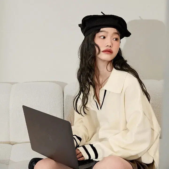 [BUNJANG] Kuose Ivory Color Block Collar Knit L Size / 새상품) 쿠오세 KUOSE 아이보리 배색 카라 트임 니트 L사이즈