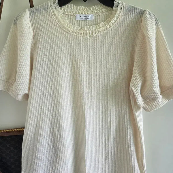 [BUNJANG] Macaron Lace Frill Women's Short Sleeve Knit - Cream / 마카롱 레이스 프릴 여성 반팔 니트 크림