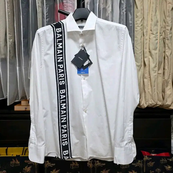 [BUNJANG] Balmain White Logo Tape Dress Shirt / [L][95-100] 발망 화이트 로고 테이프 드레스셔츠 발망셔츠 발망자켓 생로랑