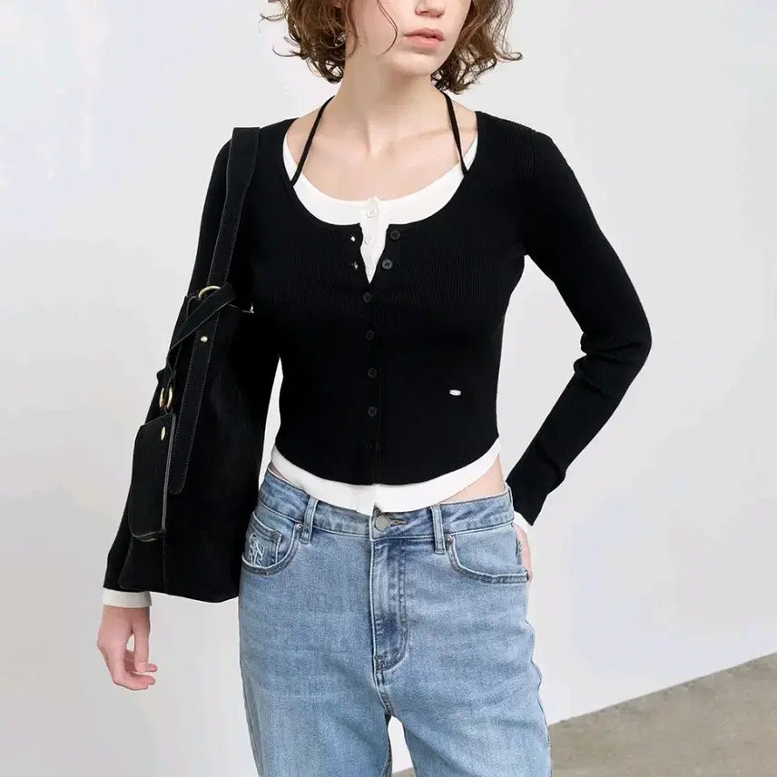 [BUNJANG] General Idea Women's Long Sleeve Strap Layered Cardigan Black / (M)제너럴아이디어 여성 긴팔 스트랩 레이어드 가디건 블랙