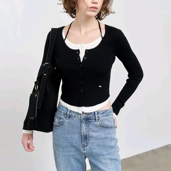 [BUNJANG] General Idea Women's Long Sleeve Strap Layered Cardigan Black / (M)제너럴아이디어 여성 긴팔 스트랩 레이어드 가디건 블랙