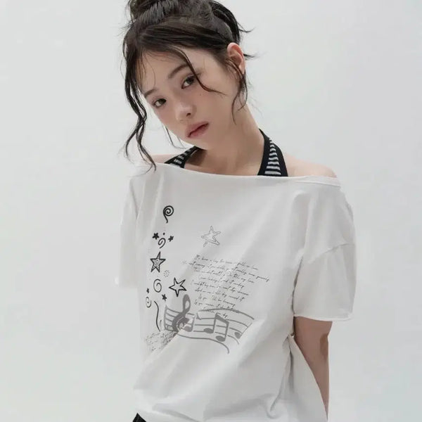 [BUNJANG] High School Disco Rockstar Off-Shoulder T-Shirt / (택안뗀새상품)하이스쿨디스코 락스타 오프숄더 티셔츠