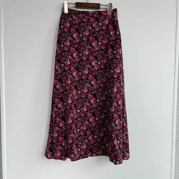 [BUNJANG] Pink Flower Pattern Flare Long Skirt / 핑크 플라워 패턴 플레어 롱 스커트