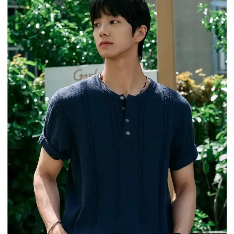 [BUNJANG] Hyoji Henry Neck Navy Short Sleeve Knit L / 효지 헨리넥 네이비 반팔니트 L