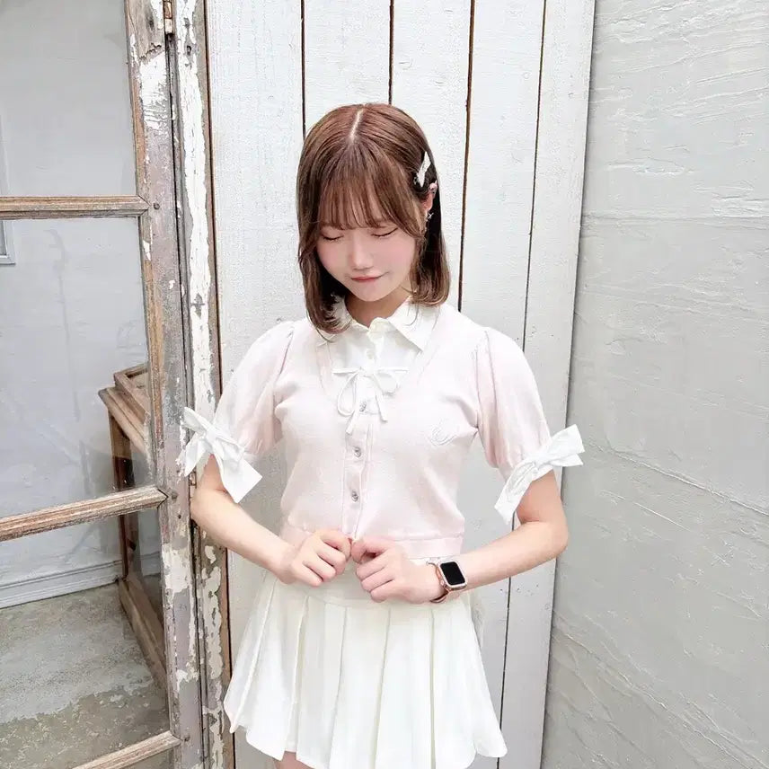 [BUNJANG] Evelyn Ribbon Short Sleeve Docking Knit / 에블린 evelyn 소매 리본 셔츠 도킹 반팔 니트