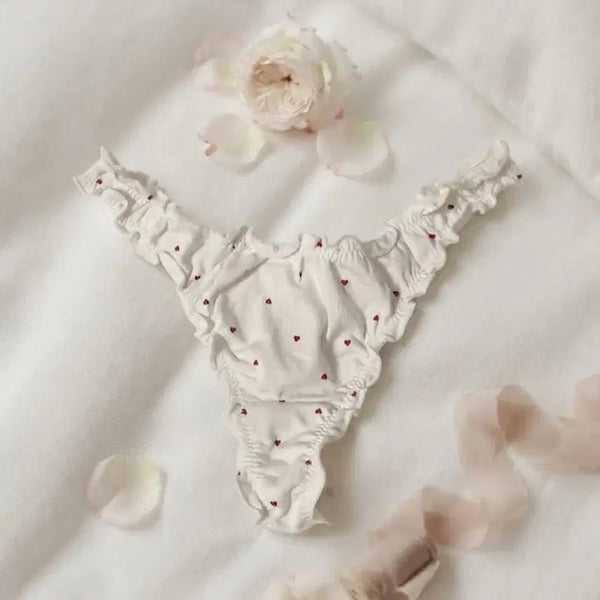 [BUNJANG] White Heart Pattern Frill Thong Panty / 화이트 하트 패턴 프릴 티팬티 (중고)