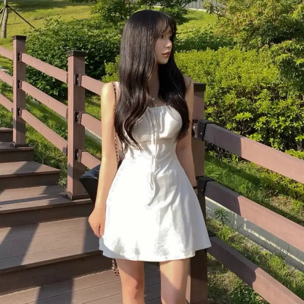 [BUNJANG] A-bly Layered Mini Bustier Ribbon Strap Sleeveless Dress White / 에이블리 레이어드 미니 뷔스티에 리본 끈 나시 원피스 화이트