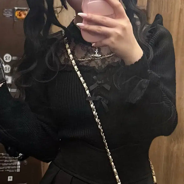 [BUNJANG] Liz Lisa Ribbon Knit Black / 리즈리사 리본 블랙 니트 판매(시허니 앙크루즈 걸리 스나계 고전