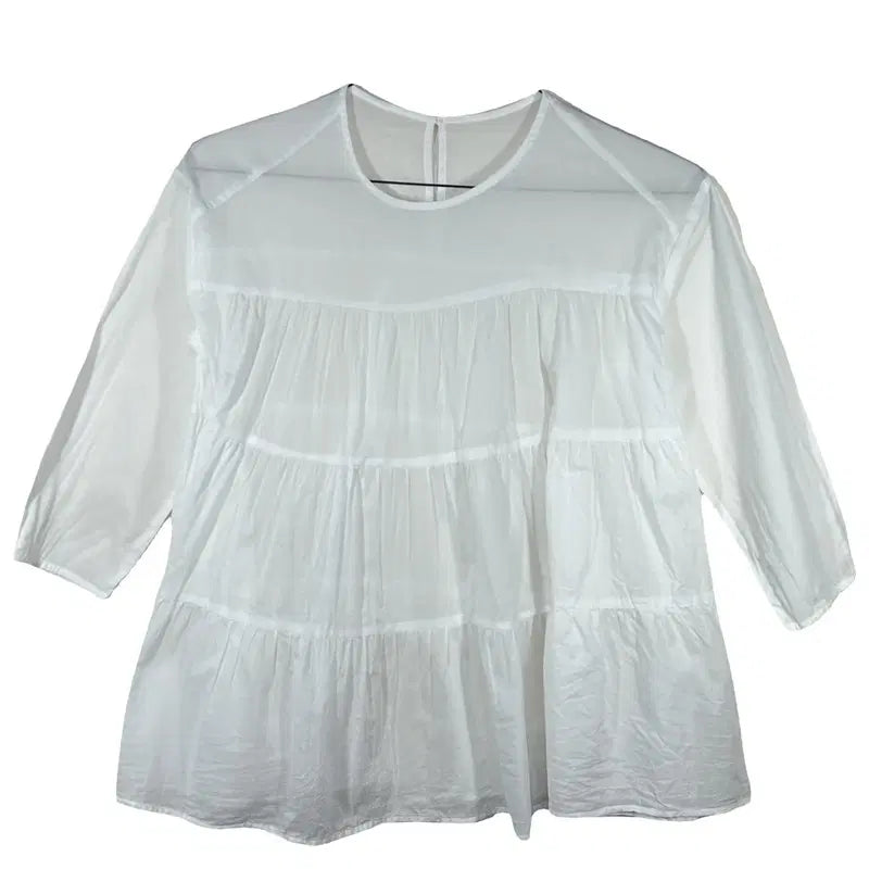 [BUNJANG] GU White Ruffle Shirring Blouse / GU 지유 화이트 캉캉 셔링 블라우스 러블리룩 여름상의 [S] 코튼 100%