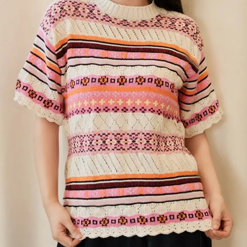 [BUNJANG] Kenzo 23SS NIGO Fair Isle Oversized Rose Pink Short Sleeve Knit / 겐조 23SS by NIGO  페어 아일 오버사이즈 로즈 핑크 반팔 니트