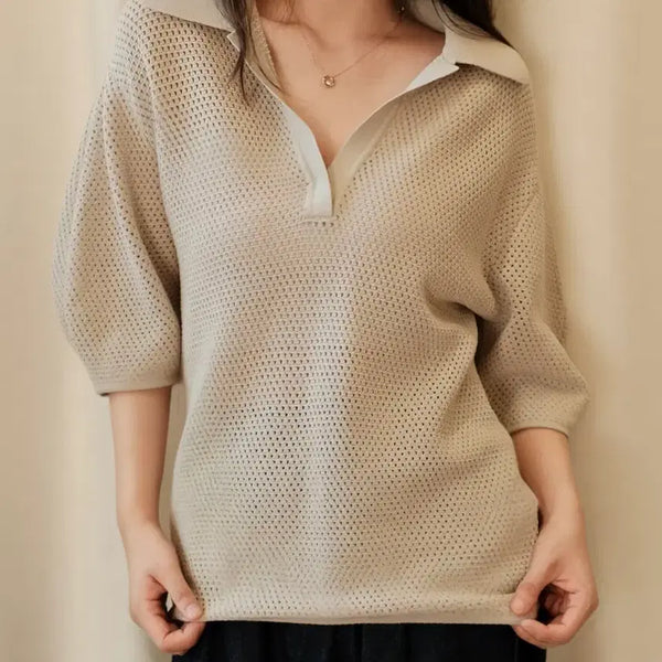 [BUNJANG] System Open Collar Punching Knit Short Sleeve Sand Beige / 시스템 오픈 카라 펀칭 니트 반팔 샌드베이지