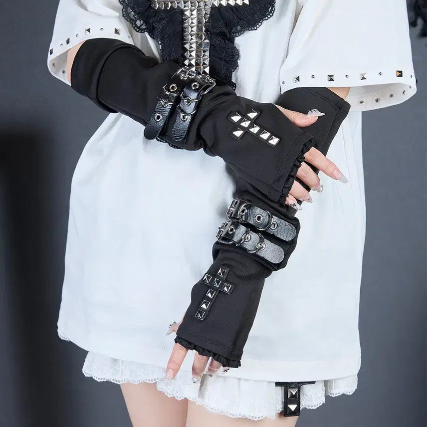 [BUNJANG] Lafary Mine Studded Cross Arm Warmers / Lafary 라파리 mine 스터드 크로스 암워머