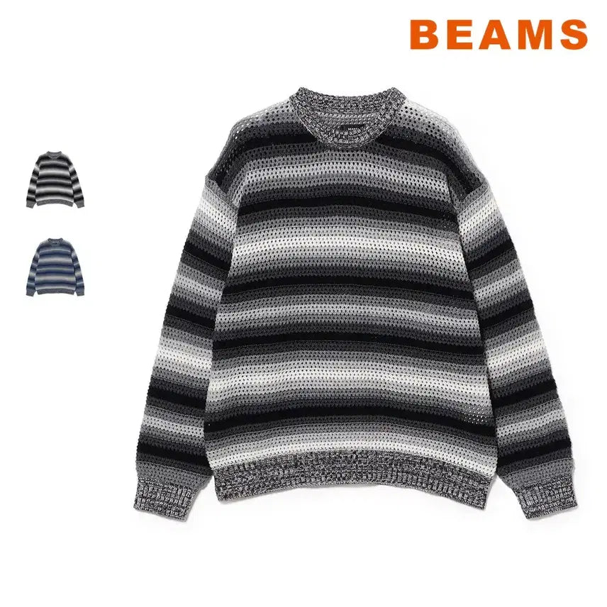 [BUNJANG] BEAMS Wide Fit Gradient Border Mesh Crewneck Knit / 빔즈 와이드핏 그라데이션 보더 메시 크루넥 니트
