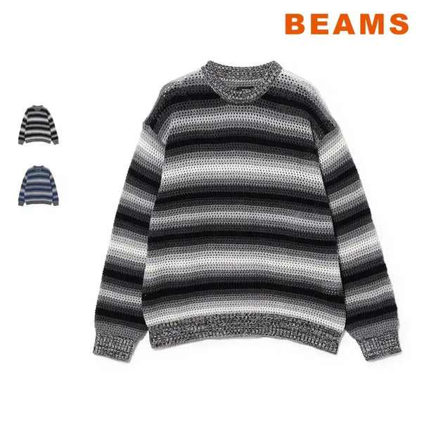 [BUNJANG] BEAMS Wide Fit Gradient Border Mesh Crewneck Knit / 빔즈 와이드핏 그라데이션 보더 메시 크루넥 니트
