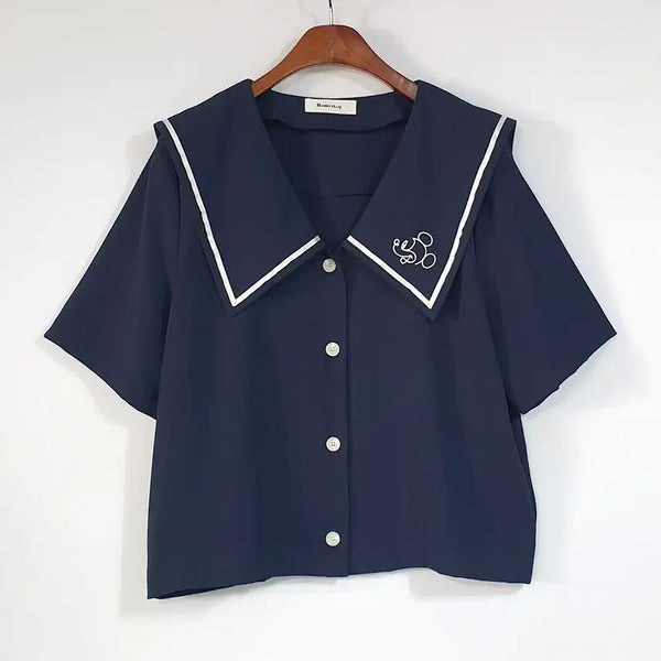 [BUNJANG] Romi Story Embroidered Sailor Collar Blouse / Romi story 미키자수 세일러카라 블라우스 66-77