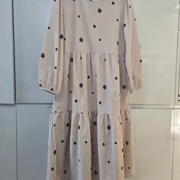 [BUNJANG] Floral Ruffle Midi Dress - Beige / 꽃무늬 캉캉 원피스 베이지
