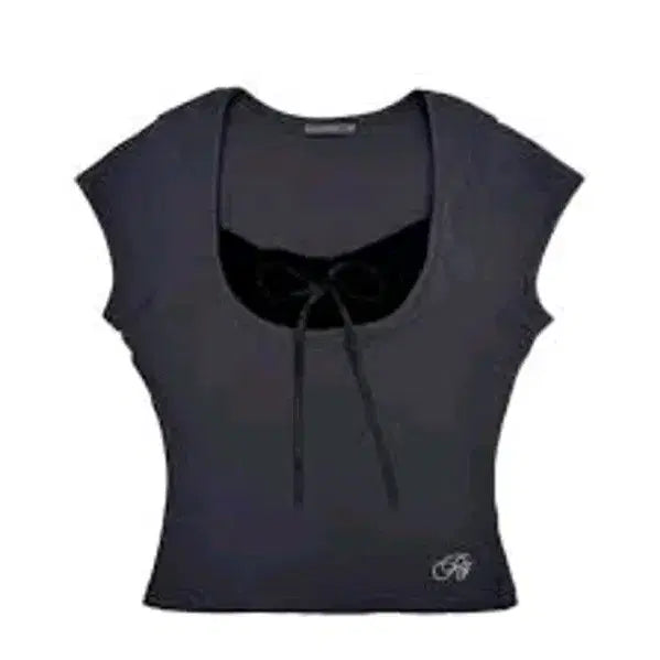[BUNJANG] Please Follow Adelinde Ribbed Top Charcoal / 플리즈노팔로우 아델린 리본 탑 차콜 공겜여주오호스쓰리타임즈플노팔샬롬클럽달링유어배드엔젤넘버555다크코어갸루