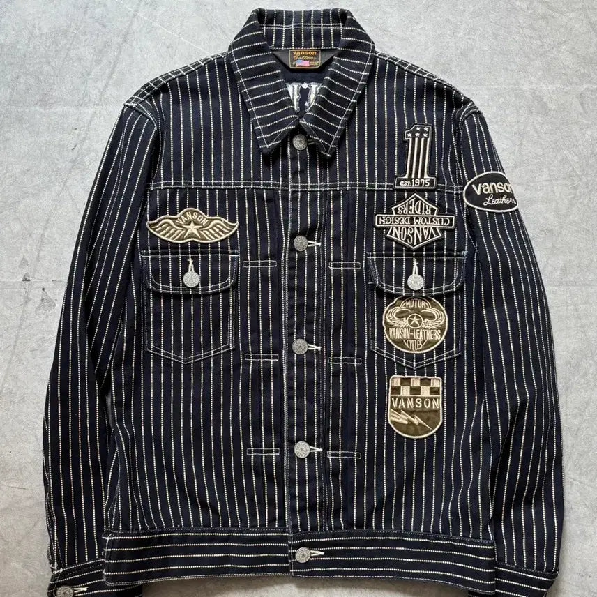 [BUNJANG] Vanson Wabash Stripe Wappen Denim Jacket / Vanson 밴슨 와바시 스트라이프 와펜 데님 자켓