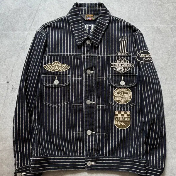 [BUNJANG] Vanson Wabash Stripe Wappen Denim Jacket / Vanson 밴슨 와바시 스트라이프 와펜 데님 자켓