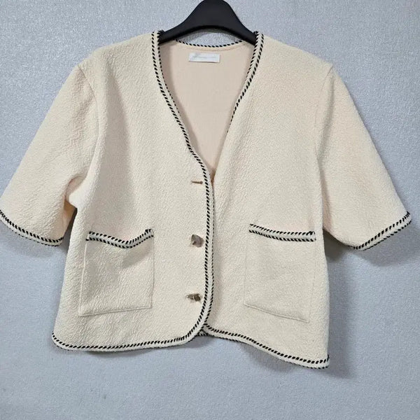 [BUNJANG] Tweed Cropped Short-Sleeve Jacket Navy Trim Size 66 / 트위드 크롭 반팔쟈켓 66