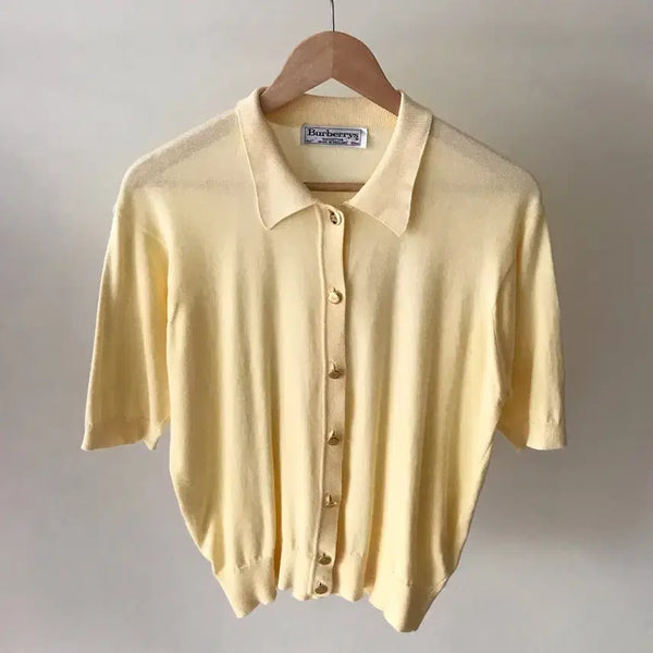 [BUNJANG] Burberry Gold Button Lemon Core Short Sleeve Cardigan / 버버리 금장 레몬코어 카라 반팔 가디건