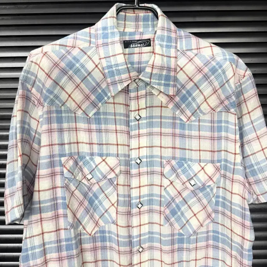 [BUNJANG] BEAMS Plaid Short-Sleeve Western Shirt / BEAMS 빔즈 핑크 하늘색 화이트 흰색 체크 웨스턴 반팔 셔츠 일본