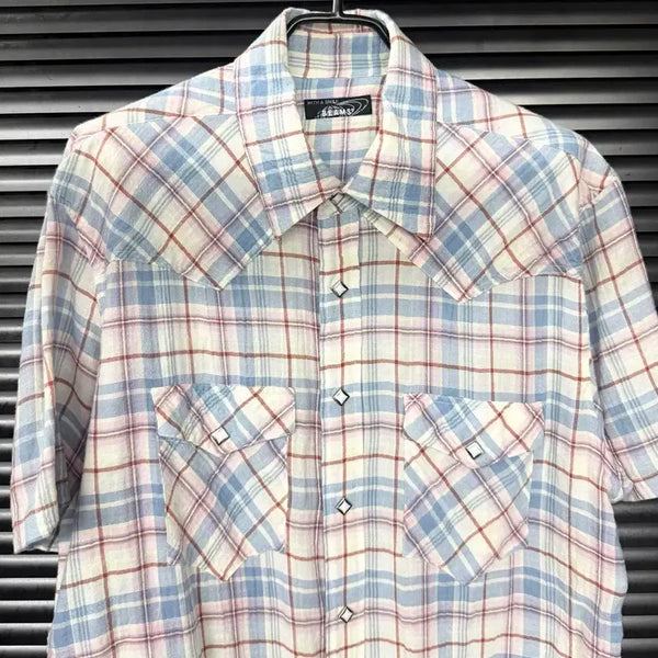 [BUNJANG] BEAMS Plaid Short-Sleeve Western Shirt / BEAMS 빔즈 핑크 하늘색 화이트 흰색 체크 웨스턴 반팔 셔츠 일본