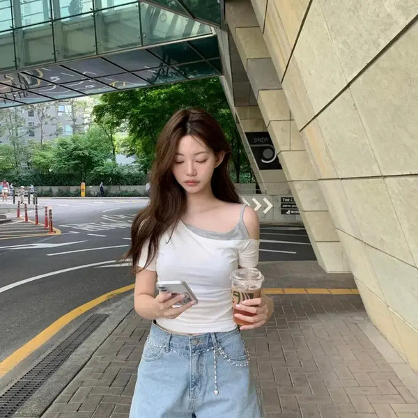 [BUNJANG] JENNIO Layered Curve T-Shirt White / 제니오 레이어드 커브티 화이트
