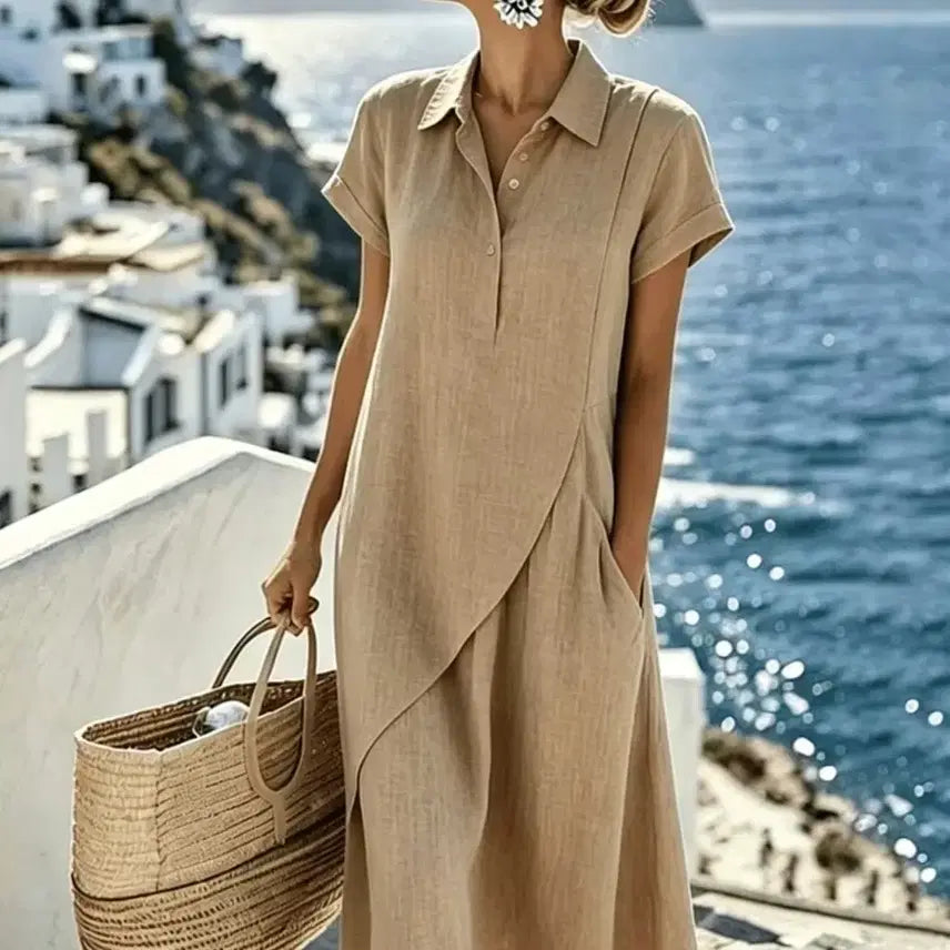 [BUNJANG] Linen Shirt Dress Beige / 세련 린넨 셔츠 원피스 베이지.새상품