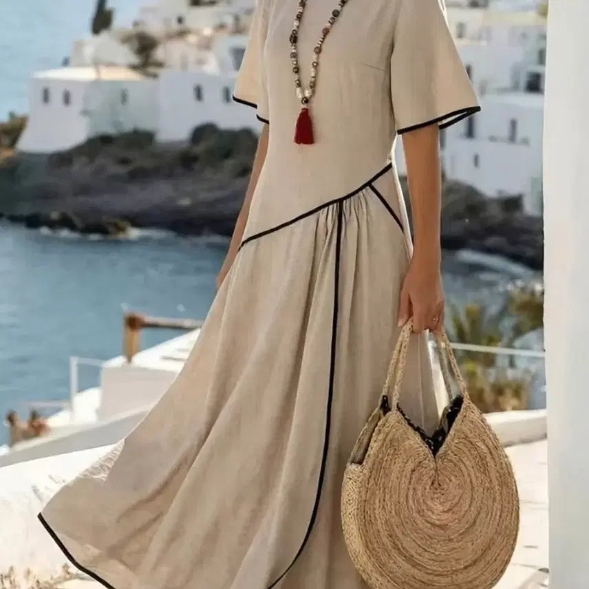 [BUNJANG] Linen Color-Block Long Dress / 내추럴 린넨 배색 롱 원피스.새상품