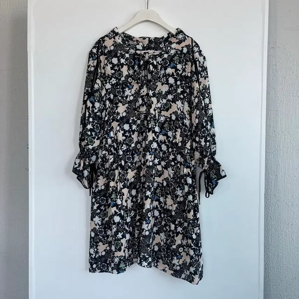 [BUNJANG] System Flower Ribbon Frill Pleats Midi Dress / 시스템 플라워 리본 프릴 플리츠 미디 원피스