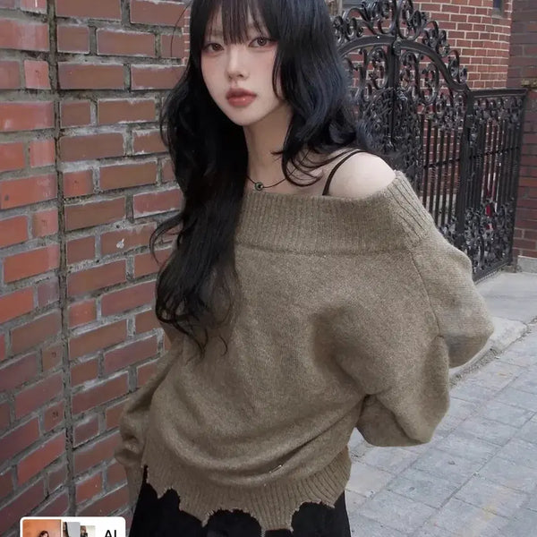 [BUNJANG] Rakeke Off Shoulder Damaged Knit - Brown / 락케이크 오프숄더 데미지 니트 브라운
